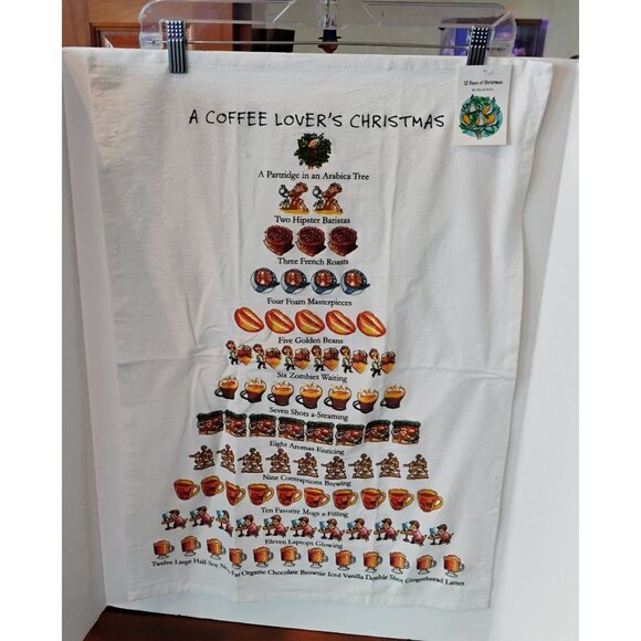 12 Days Of Christmas Coffee Themed Tea Towel By David Price - NEW w/Tag 18"x26" - Picture 3 of 7